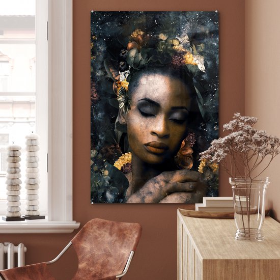 Peintures sur verre - Fleurs - Femme - Or - 80x120 cm - Peintures Plexiglas