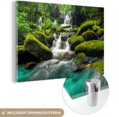 MuchoWow® Glasschilderij 90x60 cm - Schilderij acrylglas - Waterval - Bloemen - Planten - Groen - Foto op glas - Schilderijen