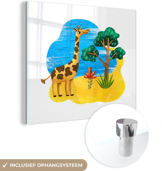 MuchoWow® Glasschilderij 20x20 cm - Schilderij acrylglas - Giraffe - Strand - Boom - Zee - Foto op glas - Schilderijen