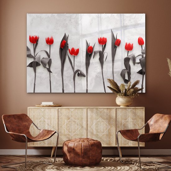 MuchoWow® Glasschilderij 150x100 cm - Schilderij acrylglas - Bloemen - Tulpen - Marmer - Foto op glas - Schilderijen
