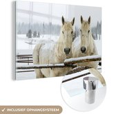 MuchoWow® Glasschilderij 180x120 cm - Schilderij acrylglas - Paarden - Sneeuw - Hek - Foto op glas - Schilderijen