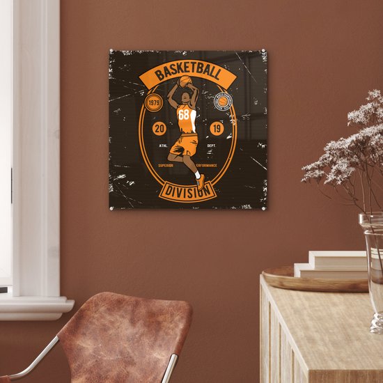 MuchoWow® Peinture sur verre 50x50 cm - Peinture sur verre acrylique - Mancave - Basketbal - Sport - Vintage - Oranje - Photo sur verre - Peintures