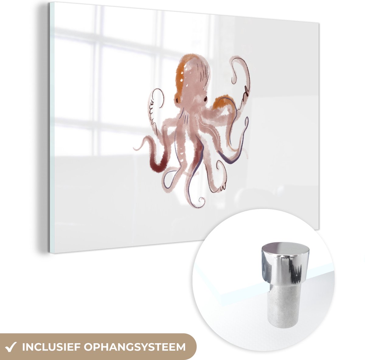 ® Glasschilderij 60x40 cm - Schilderij acrylglas - Octopus - Zeedieren - Wit - Waterverf - Foto op glas - Muurdecoratie woonkamer - Wanddecoratie slaapkamer - Schilderijen