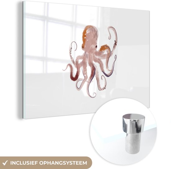 MuchoWow® Glasschilderij 60x40 cm - Schilderij acrylglas - Octopus - Zeedieren - Wit - Waterverf - Foto op glas - Schilderijen