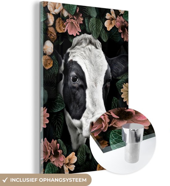 Peinture sur Verre - Vache - Fleurs - Feuilles - 40x60 cm - Peintures sur Verre Peintures - Photo sur Glas