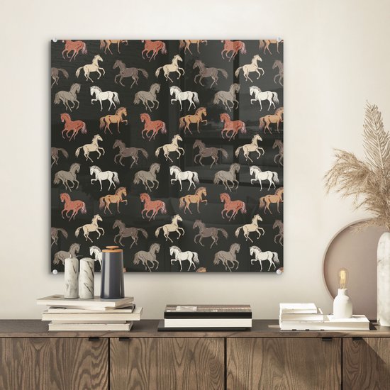MuchoWow® Glasschilderij 50x50 cm - Schilderij acrylglas - Paarden - Zwart - Patroon - Meisjes - Kinderen - Meiden - Foto op glas - Schilderijen