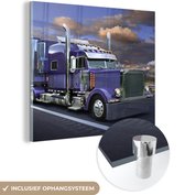 MuchoWow® Glasschilderij 90x90 cm - Schilderij acrylglas - Vrachtwagen - Paars - Wolken - Foto op glas - Schilderijen