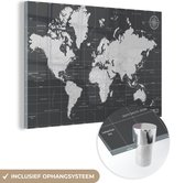 Peinture sur verre - Carte du Wereldkaart - Zwart - Wit - Monde - 120x80 cm - Peintures en plexiglas