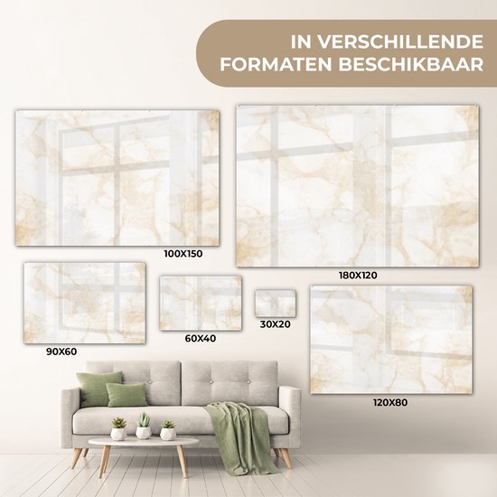 MuchoWow® Glasschilderij 90x60 cm - Schilderij acrylglas - Marmer - Wit - Goud - Luxe - Foto op glas - Schilderijen