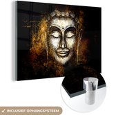 MuchoWow® Glasschilderij 90x60 cm - Schilderij acrylglas - Boeddha - Gezicht - Goud - Foto op glas - Schilderijen