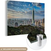 MuchoWow® Glasschilderij 120x80 cm - Schilderij acrylglas - Zonsondergang bij de Taipei 101 in Taiwan - Foto op glas - Schilderijen