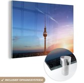 MuchoWow® Glasschilderij 90x60 cm - Schilderij acrylglas - Toren - Zon - Berlijn - Foto op glas - Schilderijen