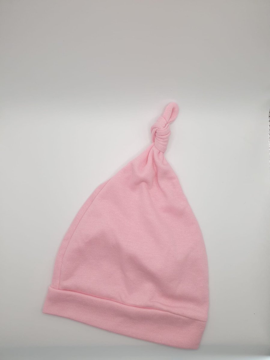 Babymutsje newborn roze - met knoop - beanie -met punt