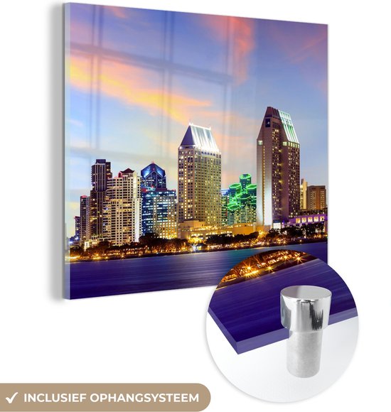 MuchoWow® Glasschilderij 90x90 cm - Schilderij acrylglas - Skyline - Verenigde Staten - Water - Foto op glas - Schilderijen