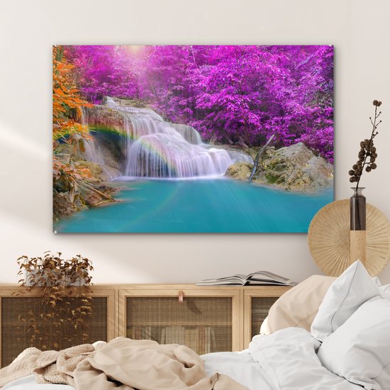 MuchoWow® Peinture sur verre 120x80 cm - Peinture sur verre acrylique - Cascade - Arbres - Arc-en-ciel - Violet - Photo sur verre - Peintures