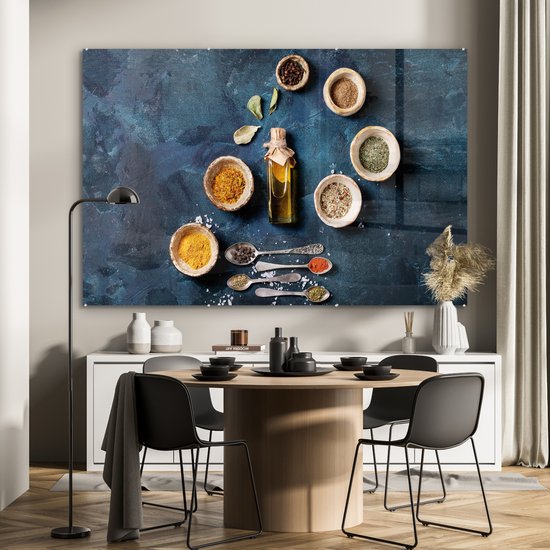 MuchoWow® Peinture sur verre 180x120 cm - Peinture sur verre acrylique - Huile - Épices - Louches - Herbes - Cuisine - Photo sur verre - Peintures