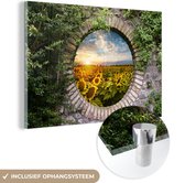 MuchoWow® Glasschilderij 180x120 cm - Schilderij acrylglas - Zonnebloemen - Doorkijk - Bloemen - Zon - Foto op glas - Muurdecoratie woonkamer - Wanddecoratie slaapkamer - Schilderijen