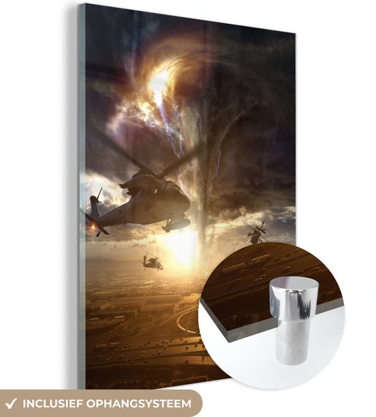 MuchoWow® Glasschilderij 30x40 cm - Schilderij acrylglas - Helikopters die rond een grote tornado vliegen - Foto op glas - Schilderijen