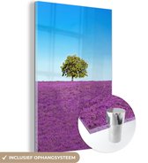 MuchoWow® Glasschilderij 80x120 cm - Schilderij acrylglas - Boom - Paars - Lucht - Lavendel - Foto op glas - Schilderijen
