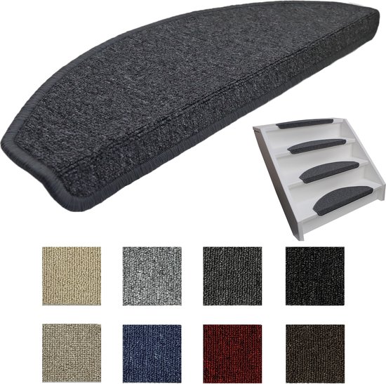 Donkergrijze halve maantrapmat met grijze bies, met kleine afbeeldingen van andere kleuren.
