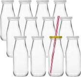 12 stuks glazen flessen drinkflessen met schroefdop drinkglas vintage melkflessen sapfles herbruikbaar - incl. 24 deksels & 12 rietjes, 350ml