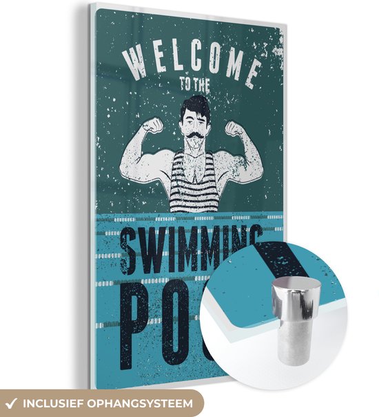 MuchoWow® Glasschilderij 120x180 cm - Schilderij acrylglas - Quotes - Welcome to the swimming pool - Zwemmen - Vintage - Badpak - Foto op glas - Schilderijen