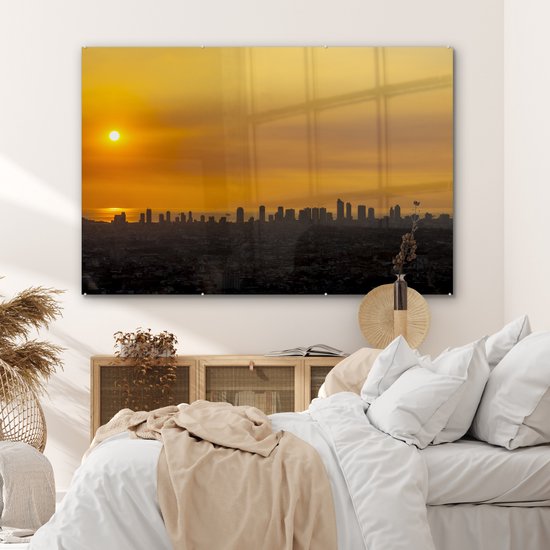 ® Glasschilderij 150x100 cm - Schilderij acrylglas - Gele zonsondergang in Manila - Foto op glas - Muurdecoratie woonkamer - Wanddecoratie slaapkamer - Schilderijen
