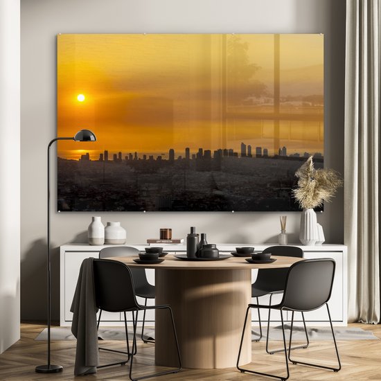 ® Glasschilderij 150x100 cm - Schilderij acrylglas - Gele zonsondergang in Manila - Foto op glas - Muurdecoratie woonkamer - Wanddecoratie slaapkamer - Schilderijen