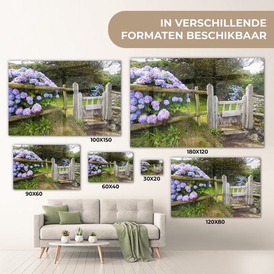 Cottage jardin aux hortensias Plexiglas 180x120 cm - Tirage photo sur Glas (Décoration murale Plexiglas) XXL / Groot format!