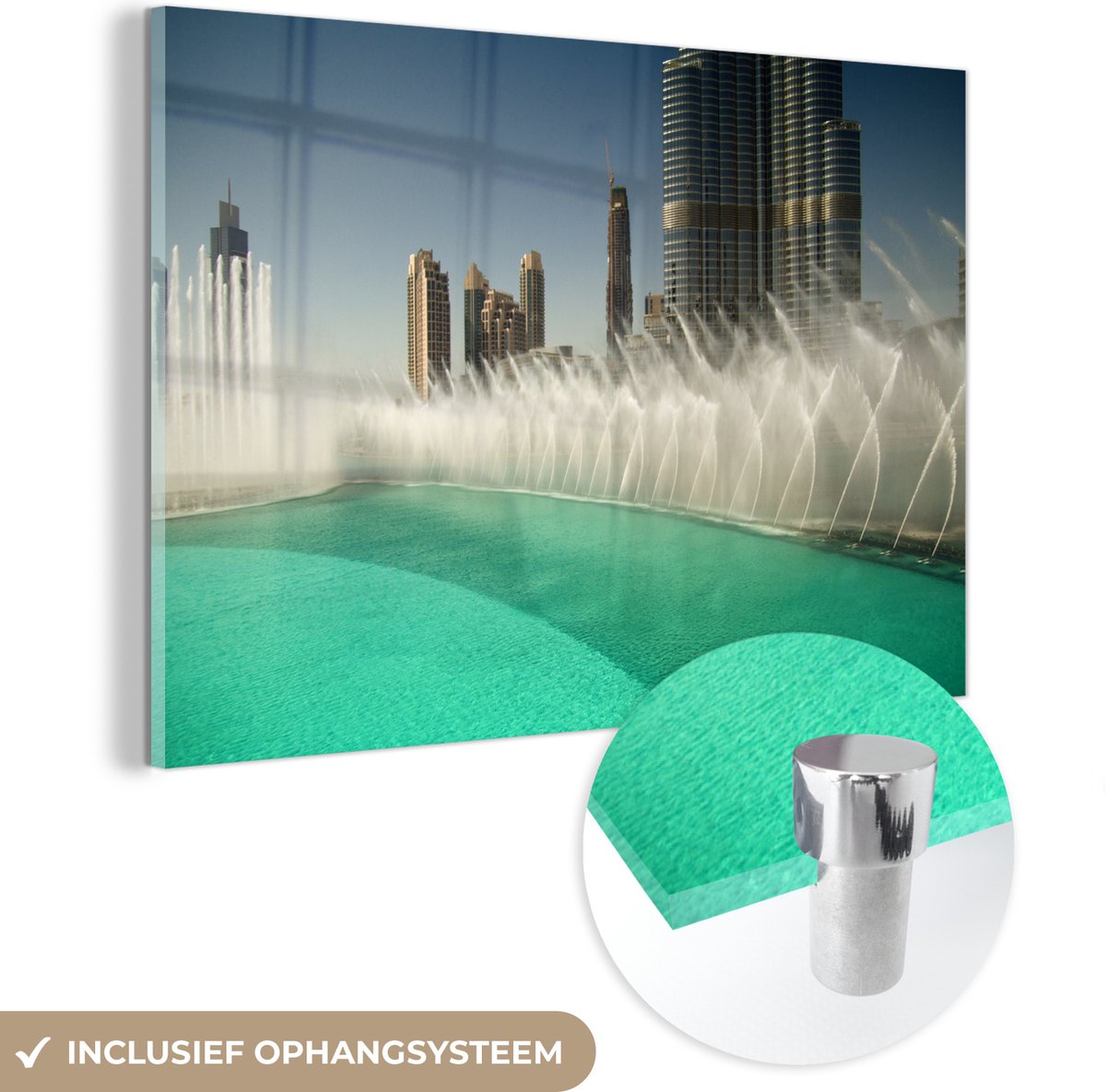 ® Glasschilderij 120x80 cm - Schilderij acrylglas - Fontein in Dubai - Foto op glas - Muur