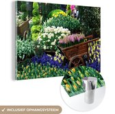 MuchoWow® Glasschilderij 30x20 cm - Schilderij acrylglas - Bloemen - Kruiwagen - Kleuren - Foto op glas - Schilderijen