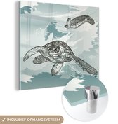 MuchoWow® Glasschilderij 90x90 cm - Schilderij acrylglas - Twee schildpadden in het water - Foto op glas - Schilderijen