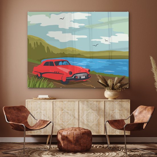 MuchoWow® Peinture sur verre 160x120 cm - Peinture sur verre acrylique - Voiture rouge Vintage - Photo sur verre - Peintures