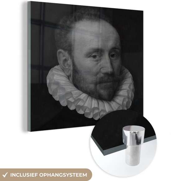 MuchoWow® Glasschilderij 20x20 cm - Schilderij acrylglas - Portret van een man in zwart wit - Schilderij van Adriaen Thomasz - Foto op glas - Schilderijen