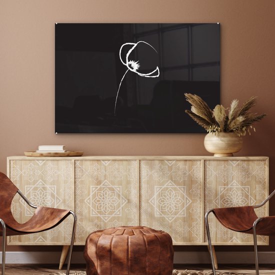 Peinture sur verre MuchoWow® 90x60 cm - Peinture acrylique sur verre - Bloem - Zwart - Wit - Line art - Photo sur verre - Peintures