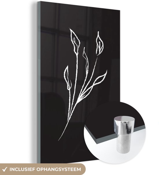 MuchoWow® Glasschilderij 20x30 cm - Schilderij acrylglas - Line art - Planten - Zwart - Wit - Foto op glas - Schilderijen