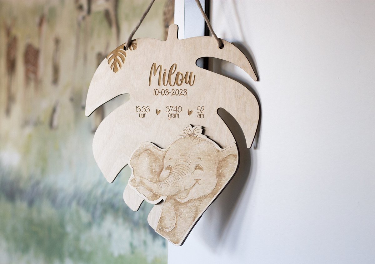 Geboortebord met naam Safari blad olifant - Geboortebord van hout