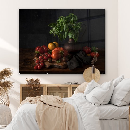 MuchoWow® Peinture sur verre 160x120 cm - Peinture sur verre acrylique - Nature morte - Tomates - Basilic - Tableau - Végétal - Zwart - Photo sur verre - Peintures