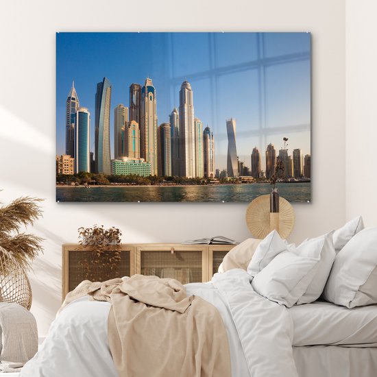 MuchoWow® Peinture sur verre - L' Skyline de la marina de Dubaï depuis la mer - 150x100 cm - Peintures sur verre acrylique - Photo sur Glas