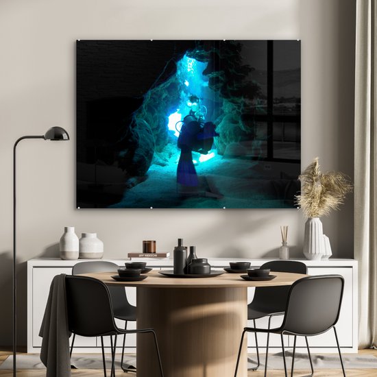 MuchoWow® Peinture sur verre 120x90 cm - Peinture sur verre acrylique - Un plongeur explore les grottes sous-marines du Honduras - Photo sur verre - Peintures
