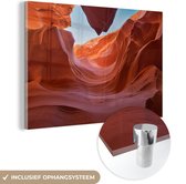 MuchoWow® Glasschilderij 90x60 cm - Schilderij acrylglas - Rotsen onder de brandende zon in de Antelope Canyon - Foto op glas - Schilderijen