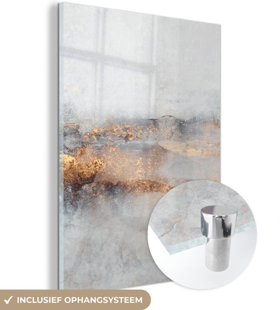 MuchoWow® Glasschilderij 60x80 cm - Schilderij acrylglas - Mist - Goud - Abstract - Foto op glas - Schilderijen