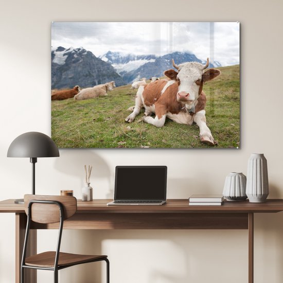 MuchoWow® Tableau sur Verre - Vaches - Prairie - Alpes - 90x60 cm - Peintures sur Verre Acrylique - Photo sur Glas