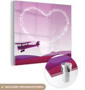 MuchoWow® Peinture sur verre 20x20 cm - Peinture sur verre acrylique - Illustration d'un avion dans un ciel rose - Photo sur verre - Peintures