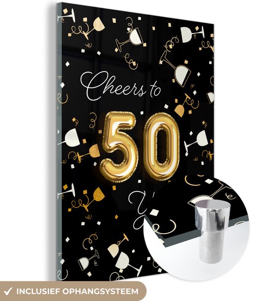 MuchoWow® Peinture sur verre 60x80 cm - Peinture sur verre acrylique - Anniversaire - Décoration 50 ans - Or - Photo sur verre - Peintures