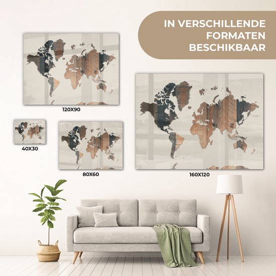 Peinture sur Verre - Carte du Wereldkaart - Bois - Planche - 80x60 cm - Peintures sur Verre Peintures - Photo sur Glas