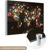 Peinture sur verre - Carte du Wereldkaart - Fleurs - Papillon - Zwart - 90x60 cm - Peintures en plexiglas