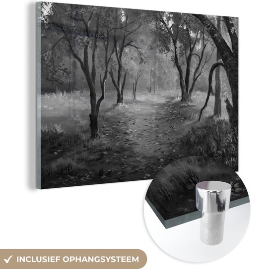 MuchoWow® Glasschilderij 60x40 cm - Schilderij acrylglas - Een illustratie van een bos in de herfst - zwart wit - Foto op glas - Schilderijen
