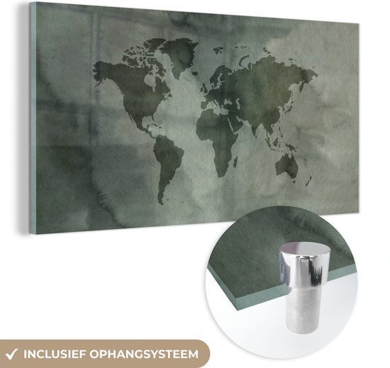MuchoWow® Glasschilderij 40x20 cm - Schilderij acrylglas - Wereldkaart - Groen - Grijs - Foto op glas - Schilderijen