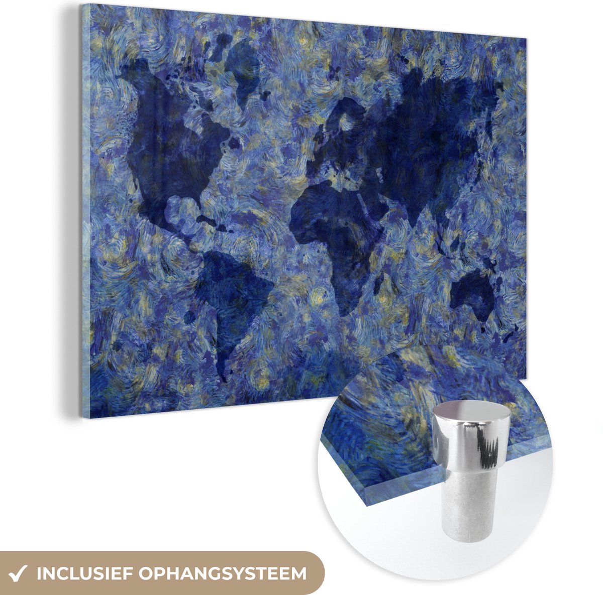 ® Glasschilderij 150x100 cm - Schilderij acrylglas - Wereldkaart - Van Gogh - Verf - Foto op glas - Muurdecoratie woonkamer - Wanddecoratie slaapkamer - Schilderijen